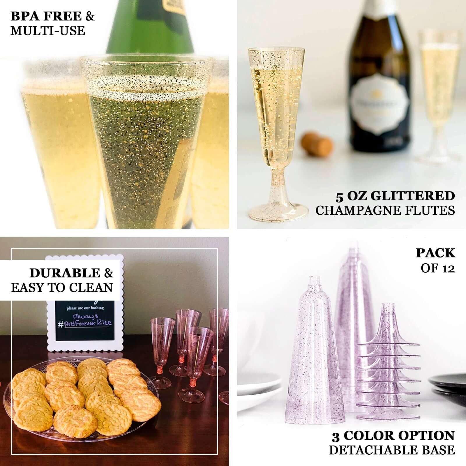 Efavormart 60 Pack 5oz Gold Plastic Disposable Champagne Glasses Flutes, Short Stem Glitter Sprinkled Trumpet Design | Detachable Base