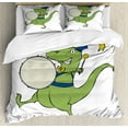 thumbnail image 1 of Drums Duvet Cover Set Queen Size, A Marching Green Dinosaur Smiling and Performing Happily Cartoon Style Pattern, Decorative 3 Piece Bedding Set with 2 Pillow Shams, White Blue Yellow, by Ambesonne, 1 of 3