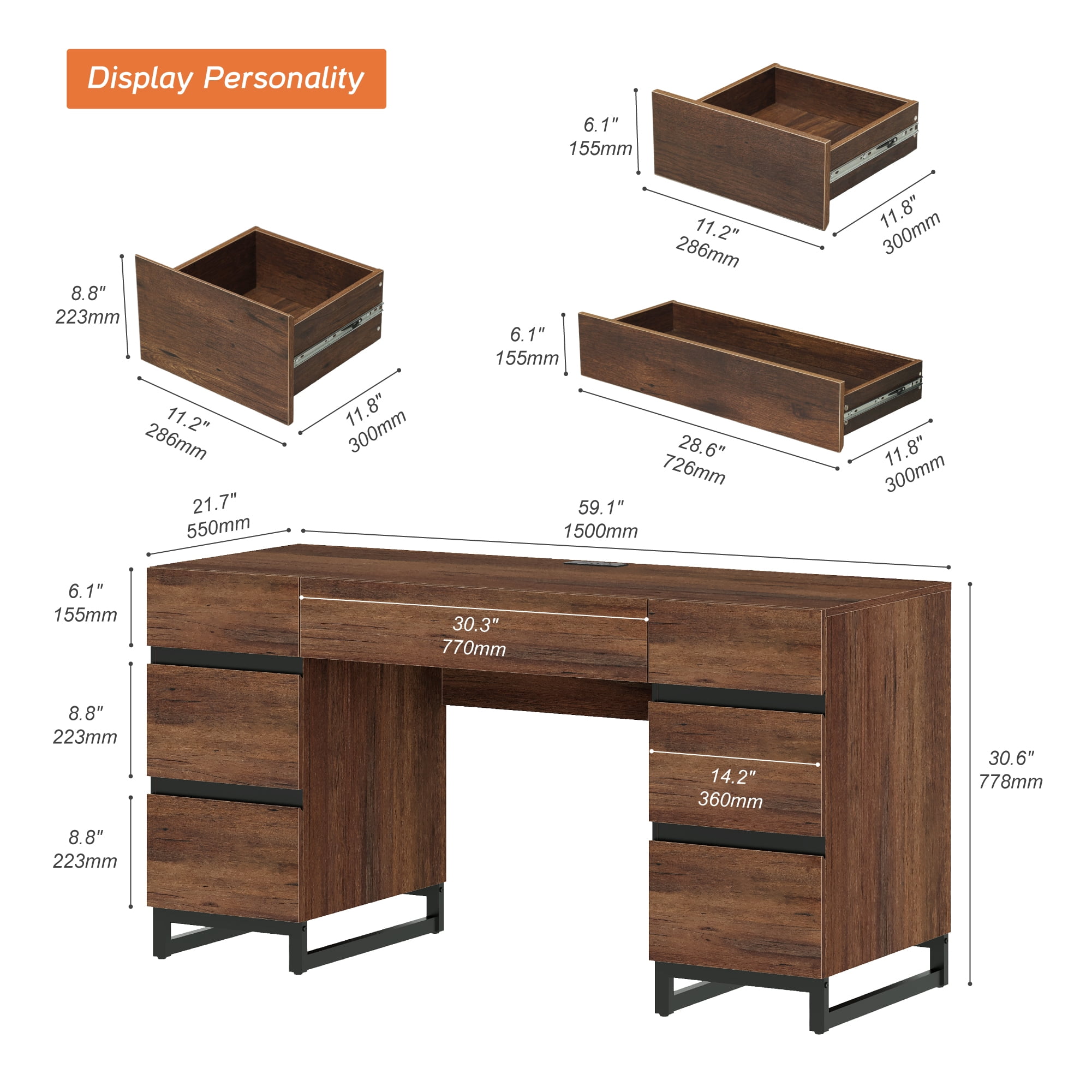 WAMPAT 59" Rustic Brown Modern Executive Desk with Drawers & Charging Station, Wood Computer Writing Desk with File Drawer, Study Table for Bedroom, Living Room & Home Office