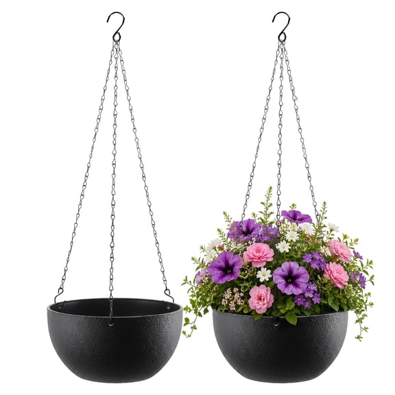 FOUKUS 2 Pack Hanging Planter Plant Hanger: Hanging Baskets for Plants Outdoor with Black Textured Pots, Metal Chains and S-Hooks, Hanging Flower Pots for Porch, Patio, Garden and Balcony