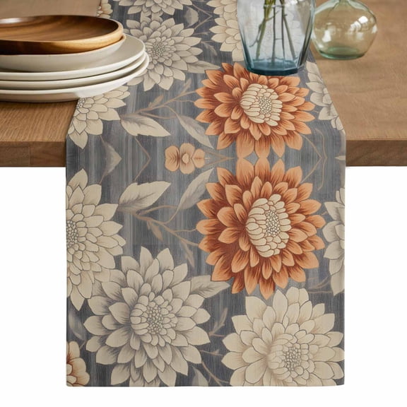 Burnt Orange Grey Flower Table Runner, Botanical Spring Floral Washable Cotton Linen Table Runners 72 Inches Long, Dresser Scarf Runner for Dining/Coffee/Kitchen/TV Stands/Cabinets 13''x72''