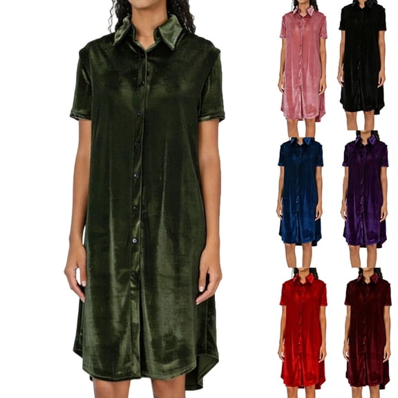 Feancey Velvet Shirt Dress for Women Lapel Button Down Short Sleeve Midi Dresses Summer Casual Loose Velour Dress Solid Color House Dresses Black S