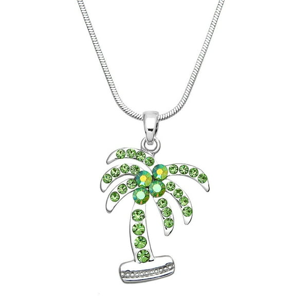 Palm Tree Pendant Necklace Green Rhinestone Crystal Rhodium Plated 17 Inch Snake Chain J0138-GRN