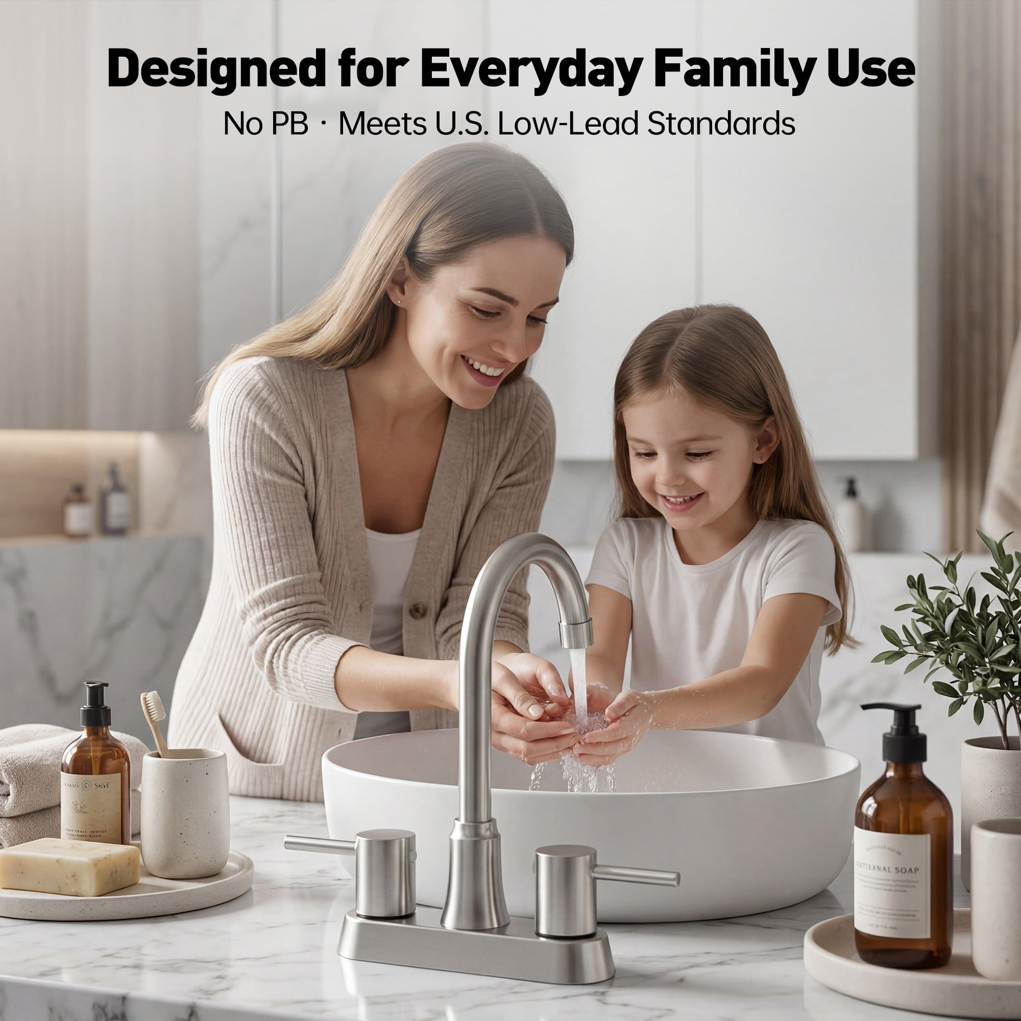 GPED Bathroom Faucets for Sink 3 Hole, 4 Inch Sink Faucet W/ Pop Up Drain and 2 Supply Hoses, Stainless Steel&Lead-Free, 2-Handle Centerset Faucet for Sink Vanity, No-Splashing Design,Brushed Nickel