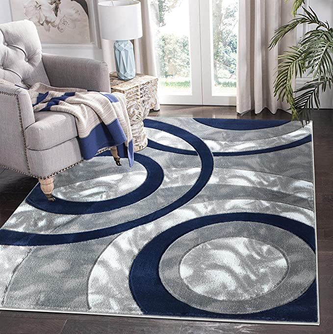 GLORY RUGS Area Rug Modern 4x6 Navy Circles Geometry Soft Hand Carved