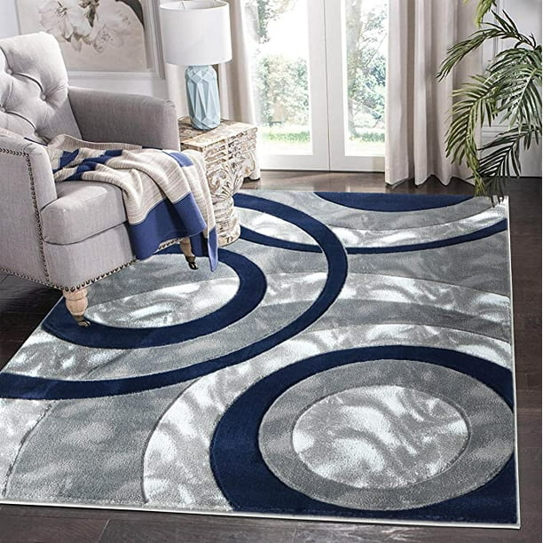 GLORY RUGS Area Rug Modern 4x6 Navy Circles Geometry Soft Hand Carved