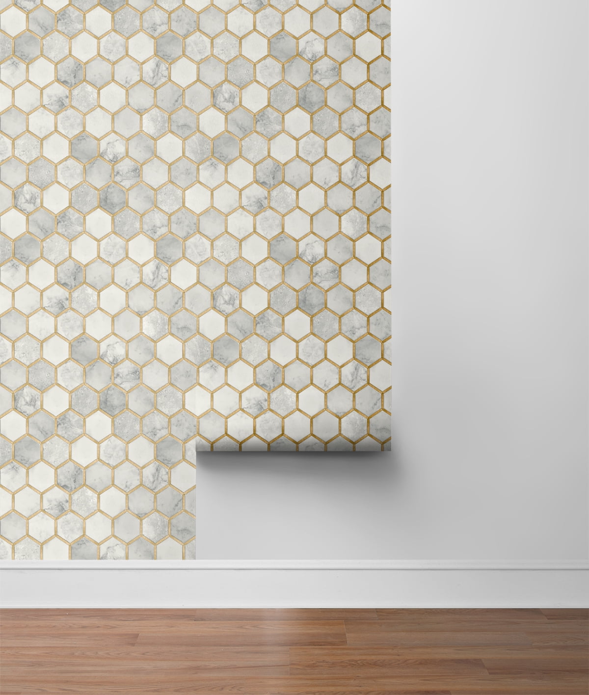 NextWall  Inlay Hexagon Peel and Stick Wallpaper Alaska Grey & Metallic Gold