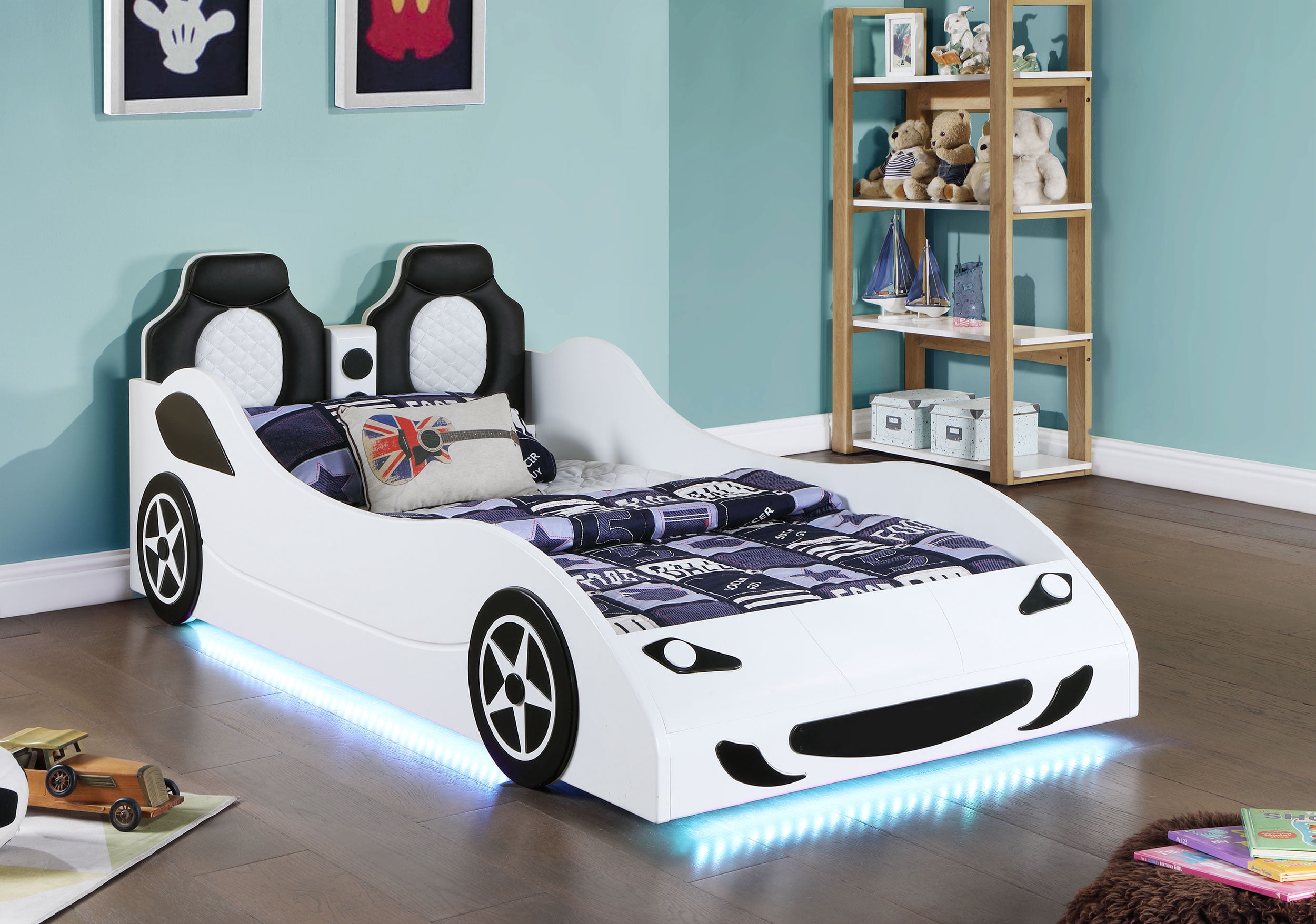 Coaster Cruiser Wood Twin LED Race Car Bed with 7-inch Mattress in White