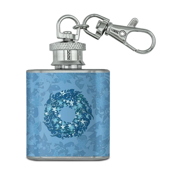 Winter Wreath Flowers Blue Stainless Steel 1oz Mini Flask Key Chain