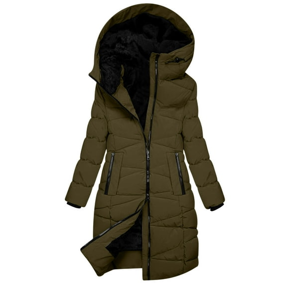 Womens Zipper Quilted Long Jackets with Hood Thick Faux-fur Sherpa Lined Winter Puffer Down Coat Warm Parkas (XL, Brown)