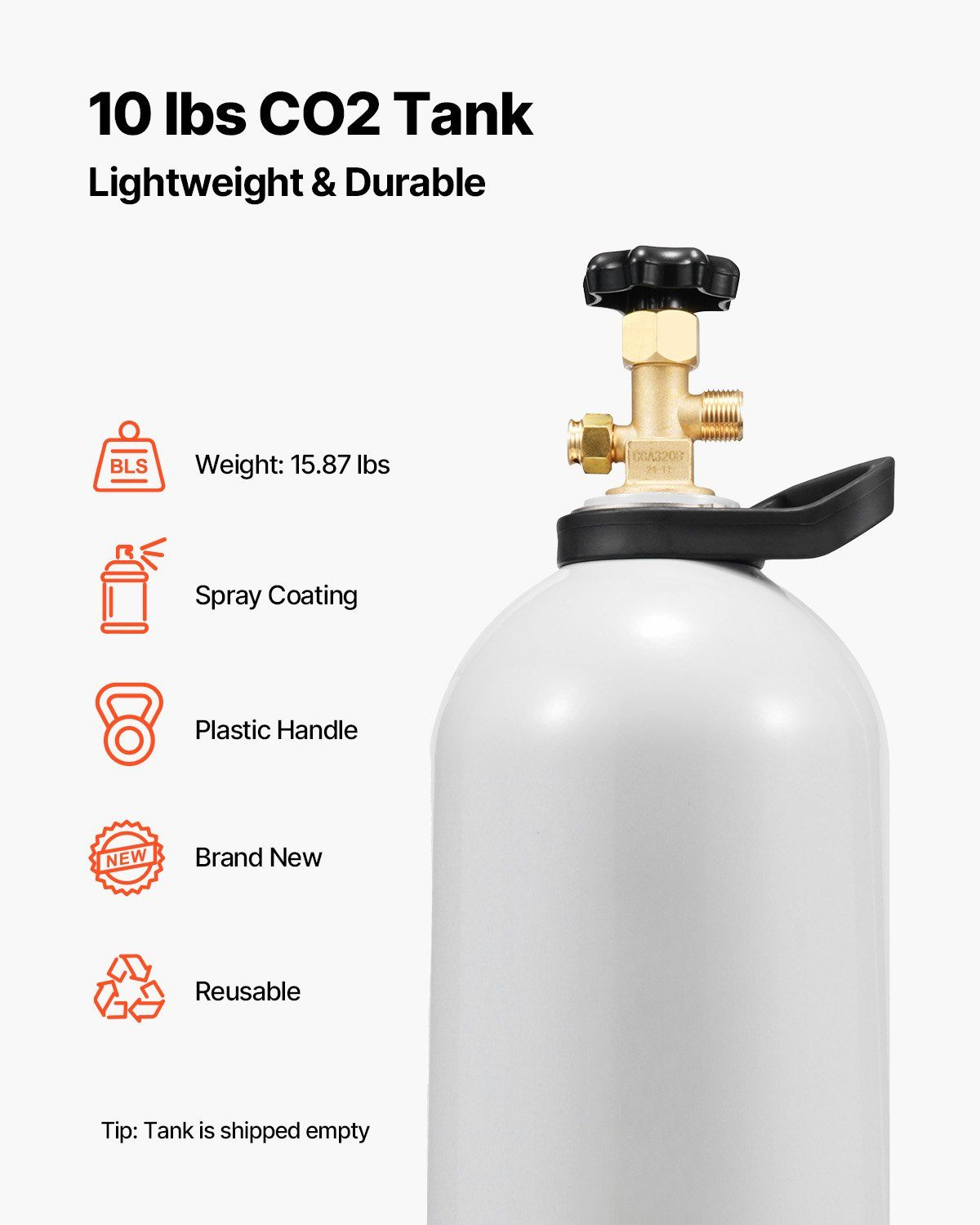 10 lb Aluminum CO2 Tank Cylinder - DOT Approved CGA320 Valve Gas Cylinder for Kegerators, Homebrew Beer, Soda Carbonation & Aquarium Use (New, Lightweight Alloy Construction)