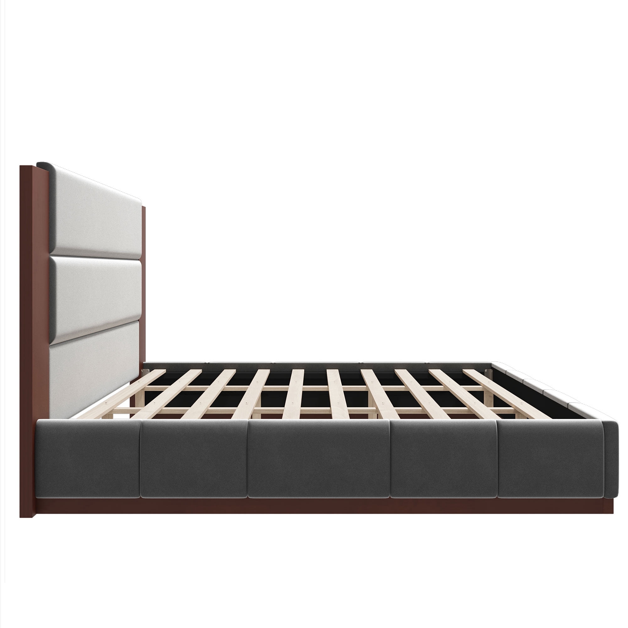 Euroco Upholstered King Size Platform Bed, Velvet Bed with High Wood Headboard, Grey