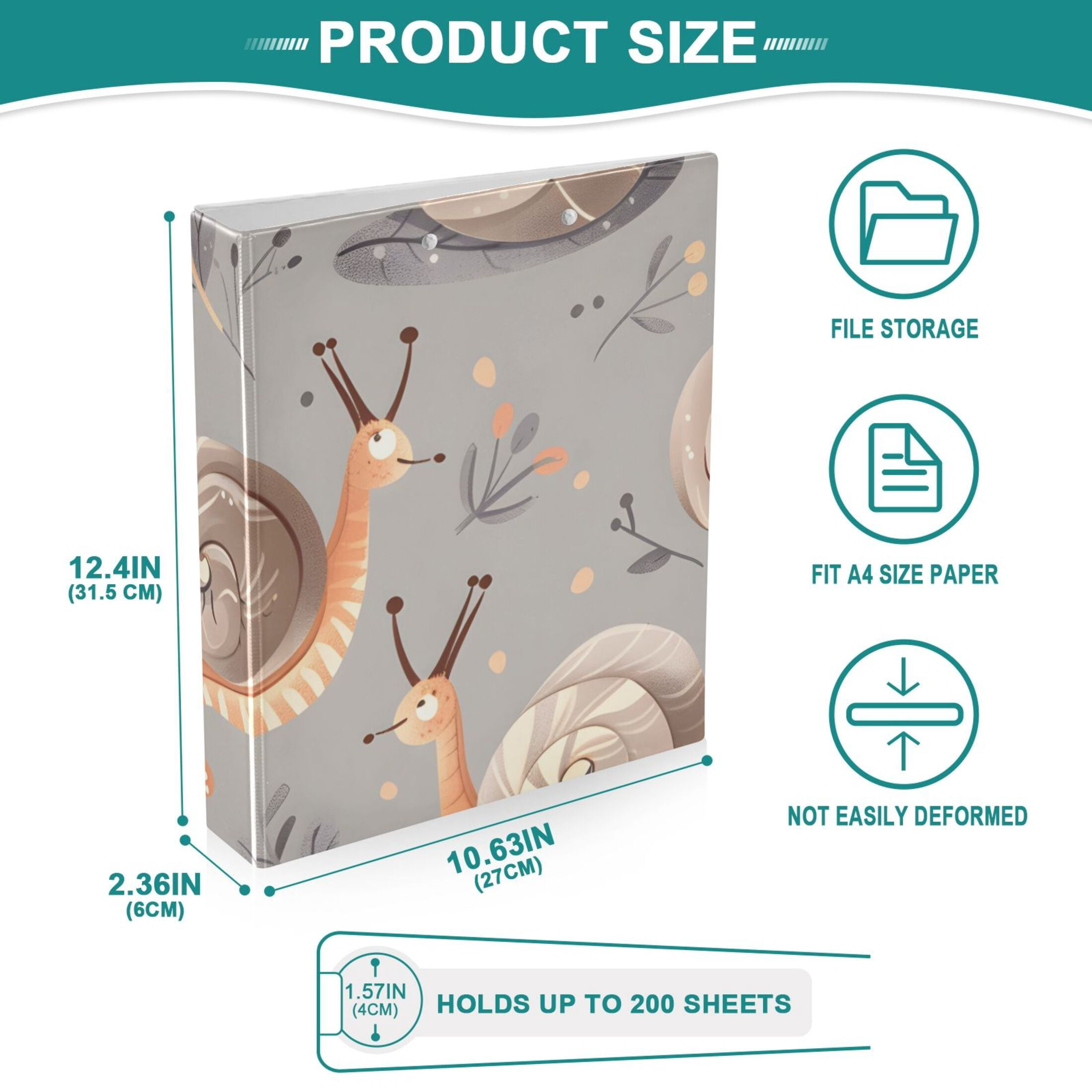 Snails Leaves 3 Ring Binders 1.5 inch Hardcover File Folders with Interior Pockets A4 Size Organizer for School Office Hospital