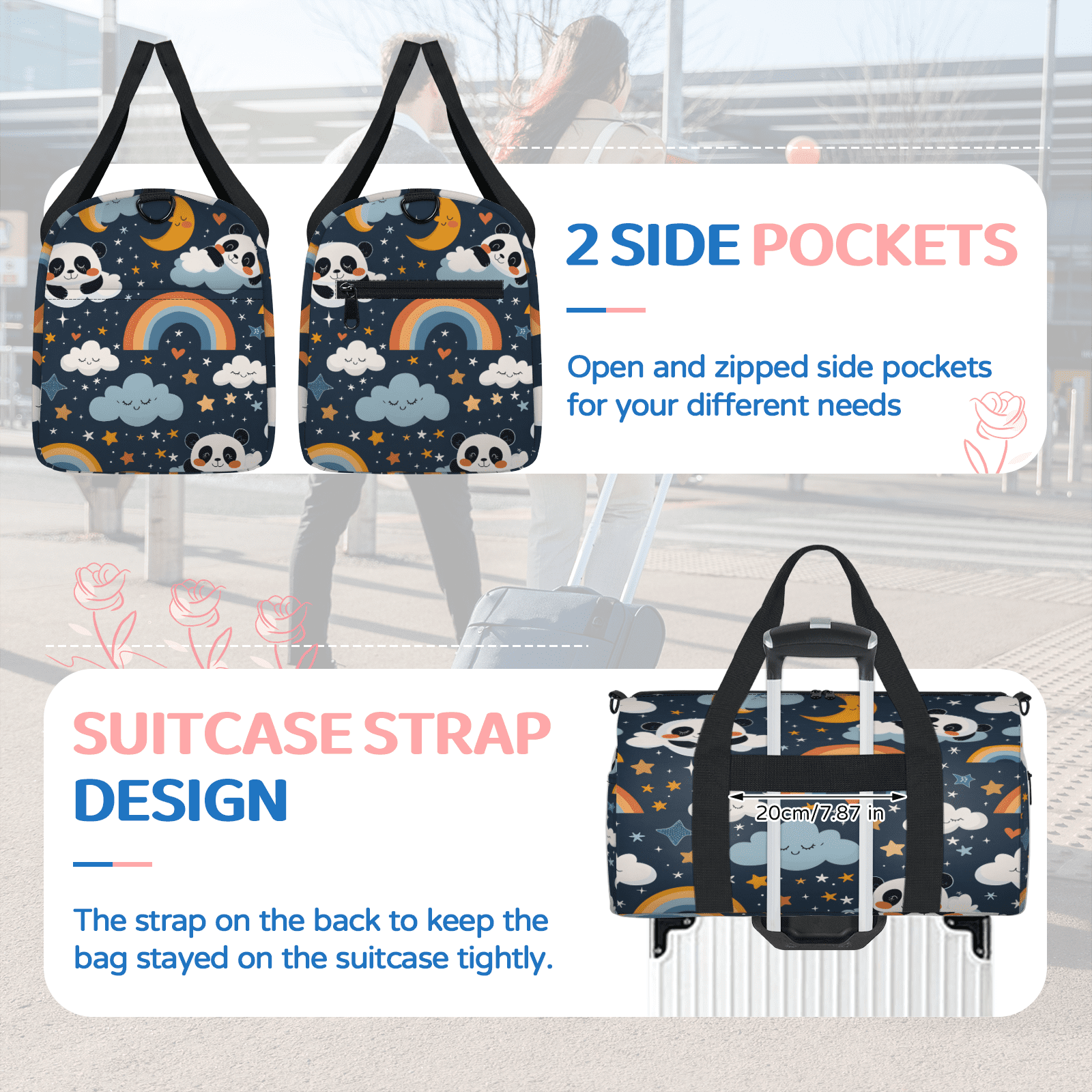 Herdesigns Cute Pandas Gym Bag for Women, Duffle Bag for Travel Sport, Rainbow Cloud Star Lightweight Waterproof Carry on Weekender Dance Yoga Workout Bags