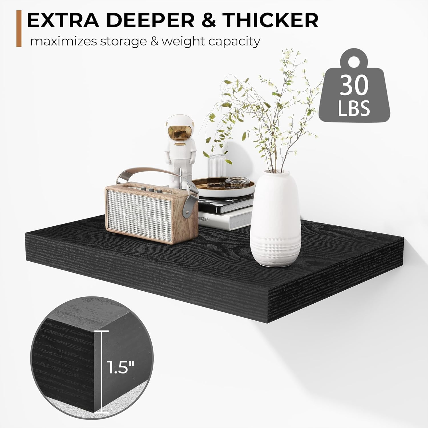 Floating Shelves - 2 Pack 12 Inch Deep Rustic Wooden Wall Shelves - Extra Deeper & Thicker Wall Mounted Storage Shelf for Kitchen, Farmhouse - 16" W x 12" D x 1.5" H - Rustic Black