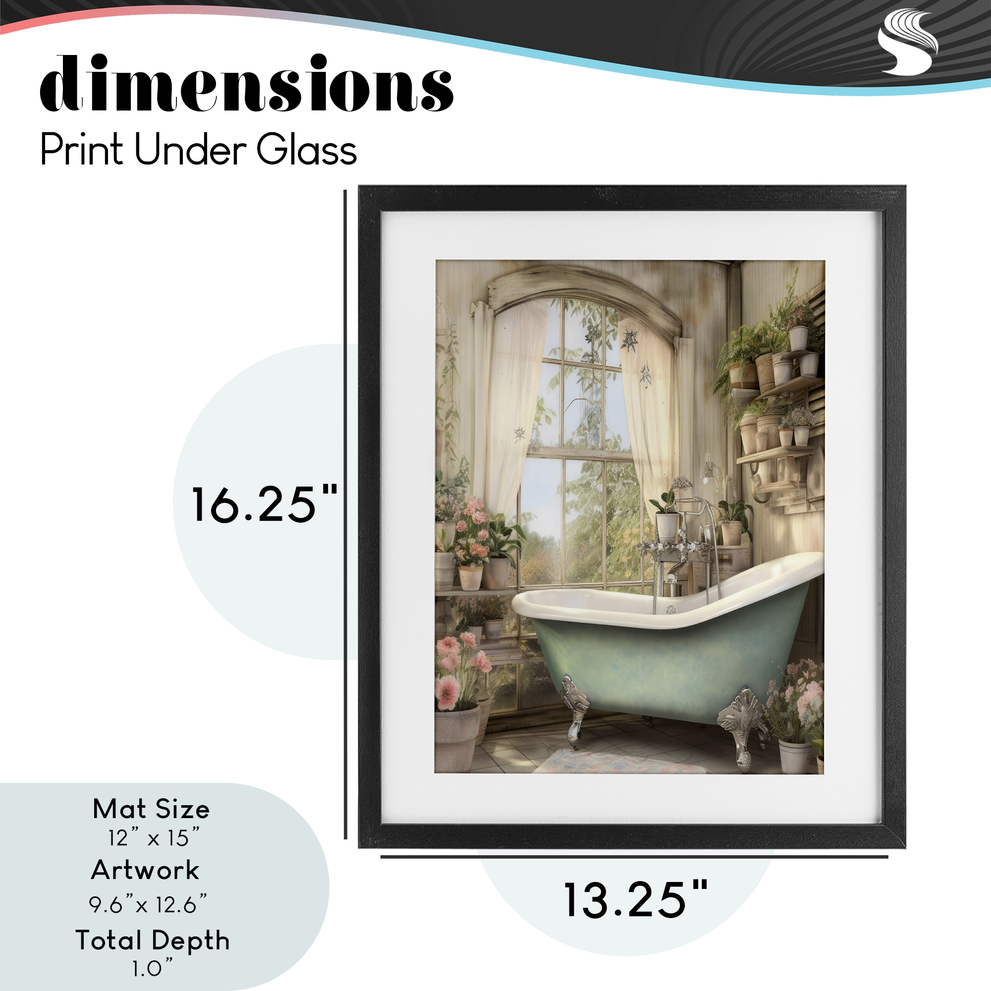 Bathroom with Floral Filled Shelves Black Framed Print Under Glass, design by Lettered and Lined