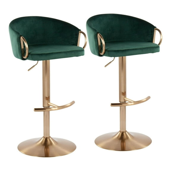 Claire Contemporary Glam Adjustable Bar Stool In Gold Steel With Rounded T Footrest And Green Velvet - Set Of 2