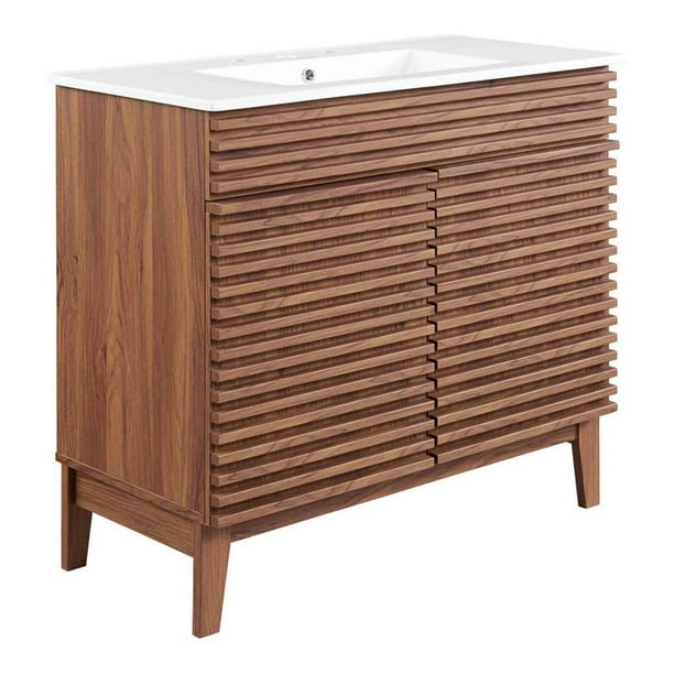 Modway Render 36" Modern Wood and Ceramic Bathroom Vanity in Walnut