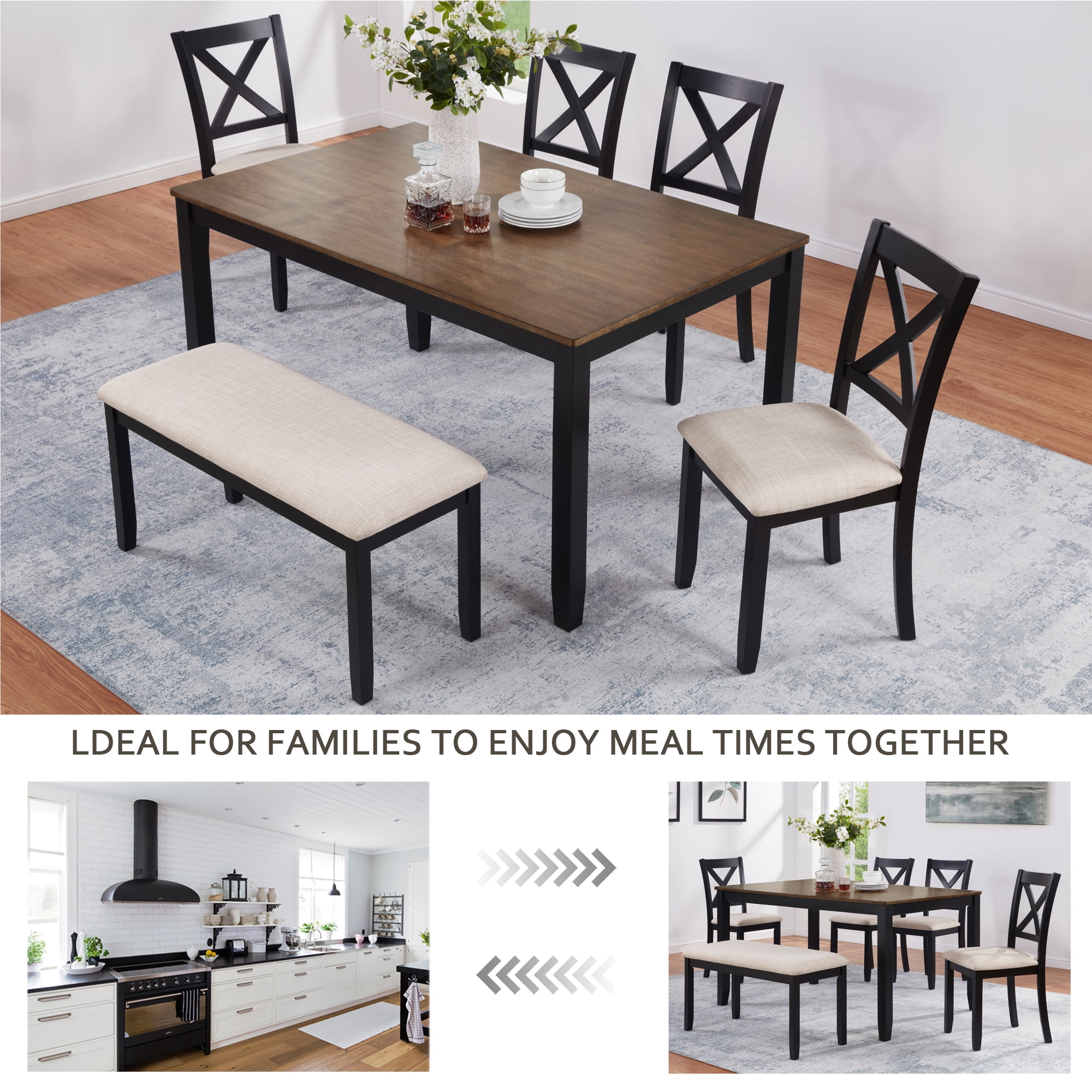 Leumius 6 Pieces Dining Table Set,Wood Dining Table Set with 4 Upholstered Chairs and a Bench,Modern Kitchen Table Set for 6 Person,White+Gray
