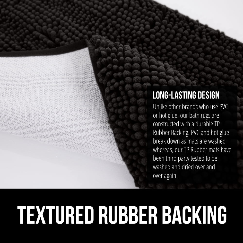 GORILLA GRIP Chenille Bath Rug 24x16, Rubber Backing Quick Dry Washable Microfiber Mats, Black