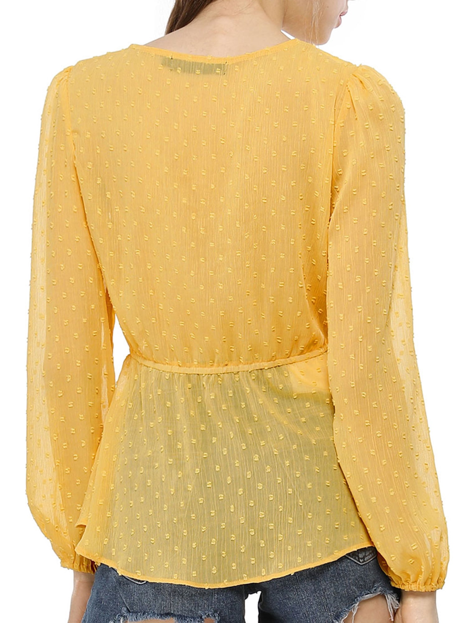 Unique Bargains Women's Deep V Neck Drawstring Ruffled Swiss Dots Sheer Chiffon Top Yellow M