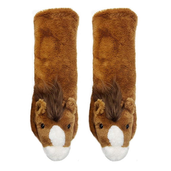 Oooh Geez Women's Funny Animal Fuzzy House Slipper Socks with Grippers, Cute Plush Indoor Non-Slip Socks, Horse Play, Size 5-10