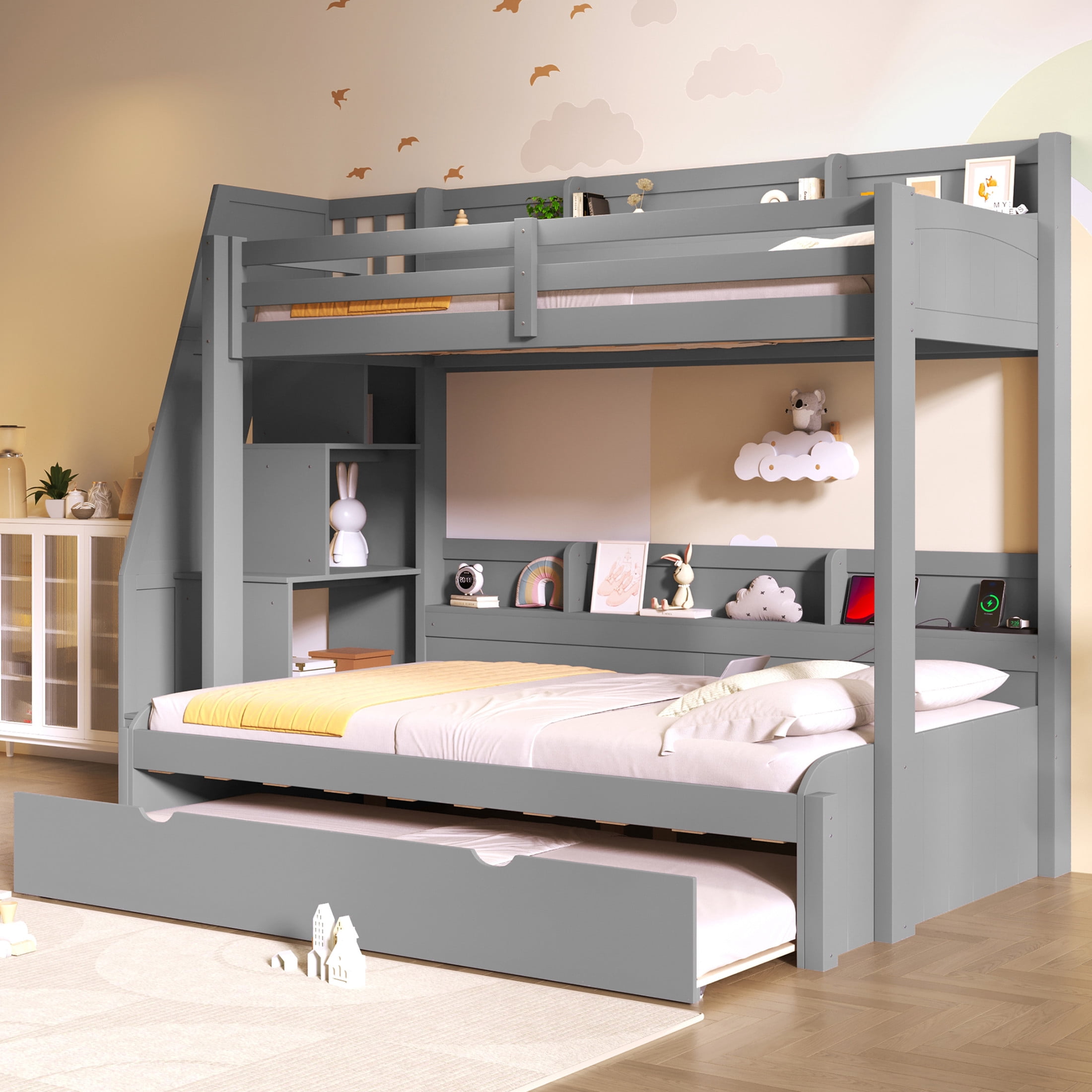 Noble House Aldorin Twin over Full Bunk Bed with Storage Staircase and Trundle, LED Light and Charging Ports, Gray