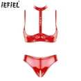 thumbnail image 2 of Conjunto de 2 piezas de lencería sexy de charol con aspecto mojado para mujer, sujetador con copas abiertas y entrepierna abierta, bragas de corte alto, 2 of 5