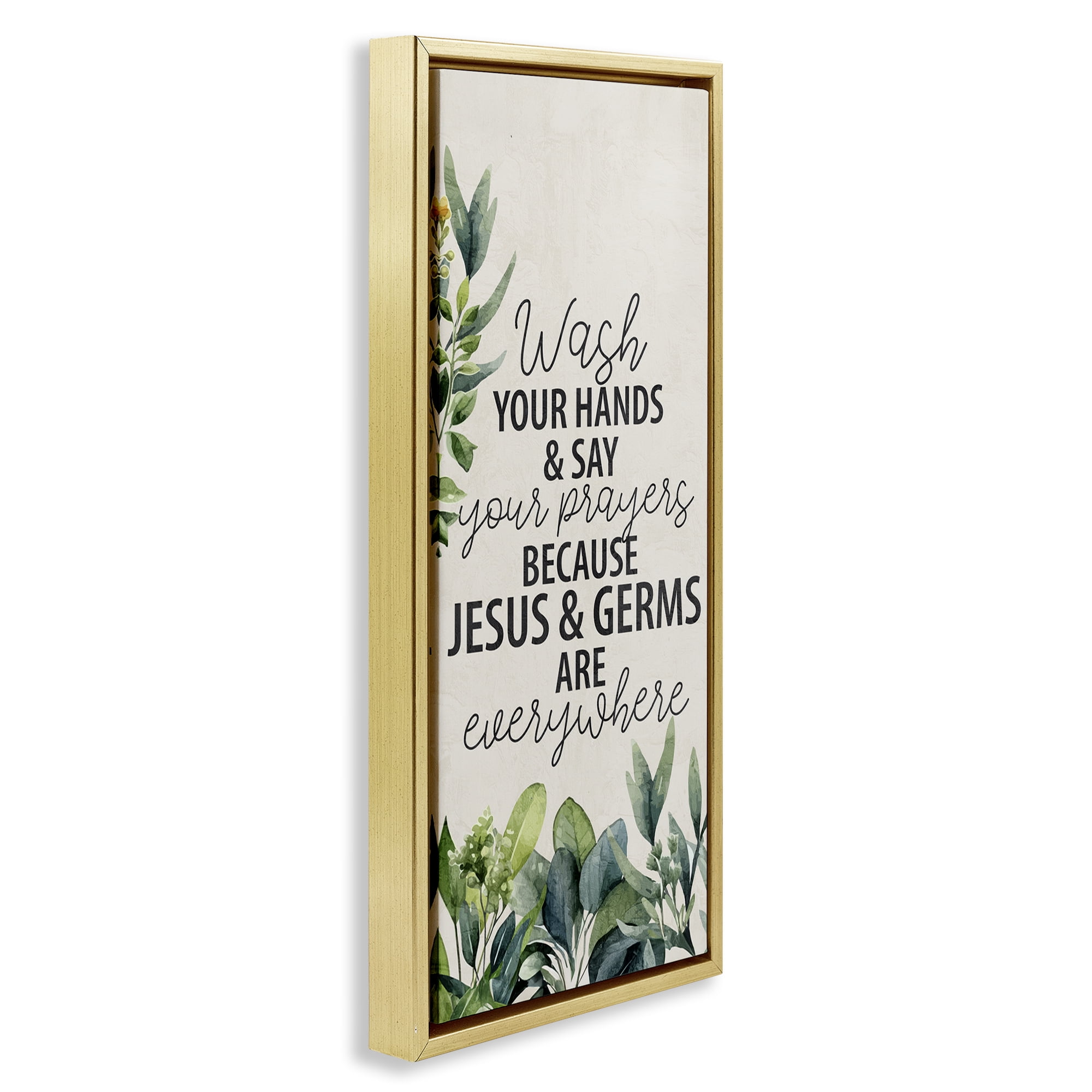 Stupell Industries Jesus & Germs Hygiene Bath & Laundry Painting Gold Floater Framed Canvas Art Print Wall Art, 11 x 25