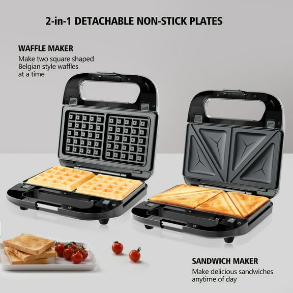 Sandwich Maker Panini Press Grill, 3 in 1 Waffle Maker with Removable Non-stick Plates, Electric Grilled Cheese Maker, Portable Cool Touch Handle, Led Indicator Lights & Easy to Clean, 750W