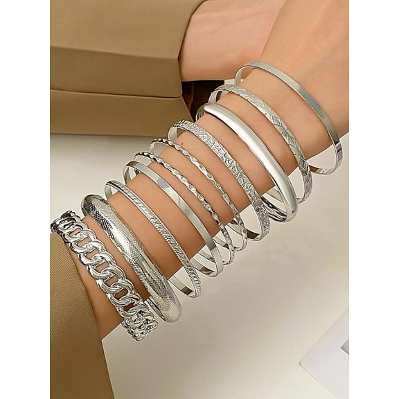 9 Pcs Tennis Bracelets Herringbone Infinity Bangles Adjustable Heart Chunky Cuff Bracelet Wristband Set Fashion Statement Jewelry for Women Party Favors Elegance Minimalist Jewelry Gift Platinum