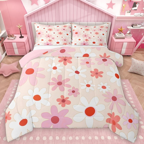 Manfei Kawaii Groovy Flower Bedding Comforter Set for Kids, Rustic Daisy Floral Twin Comforter Sets, Pink Cartoon Theme Reversible Bedding Set, Super Cozy Room Decor, 2-Piece