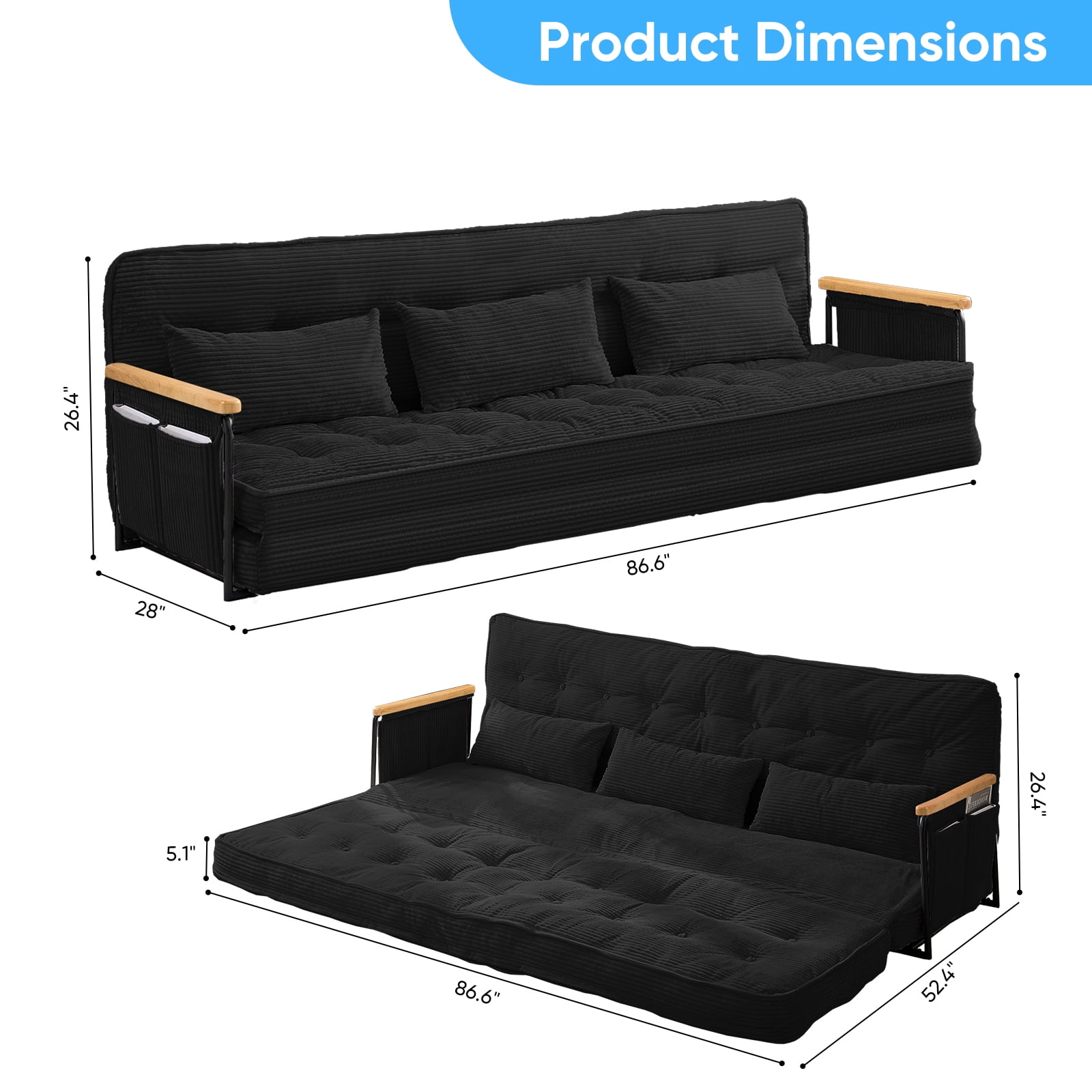 BALUS Futon Sofa Bed, 4-in-1 Corduroy Floor Couch Bed with Folding Mattress, Convertible Sleeper Sofa for Living Room, Black