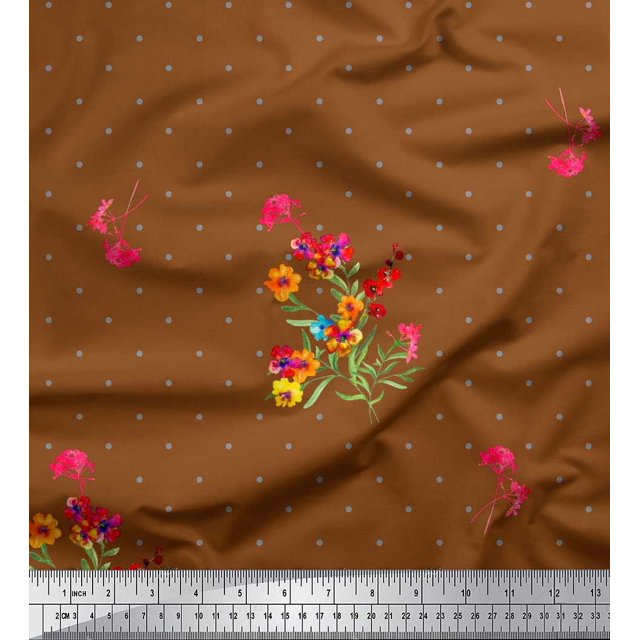 Soimoi Poly Georgette Tissu Dot,Leaves & Pervenche Imprimé Floral 1 Yard 52 Inch Wide