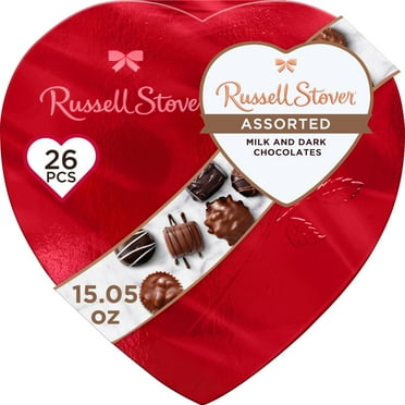 RUSSELL STOVER Valentine's Day Red Foil Heart Assorted Milk & Dark Chocolate Candy Gift Box, 15.05 oz. (26 Pieces)