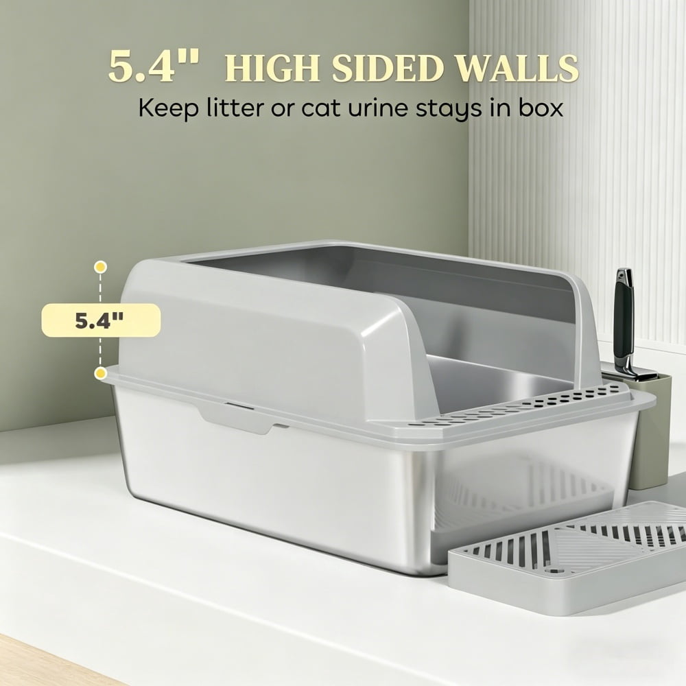 Stainless Steel Cat Litter Box with High Side Wall, Anti-Spill & Anti-Tracking, Includes Scoop & Storage Box