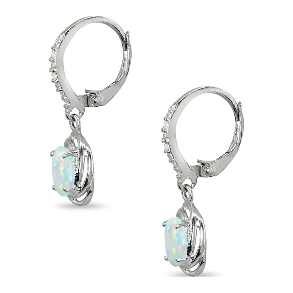 Simulated White Opal & CZ 7x5mm Oval Love Knot Sterling Silver Dangle Earrings