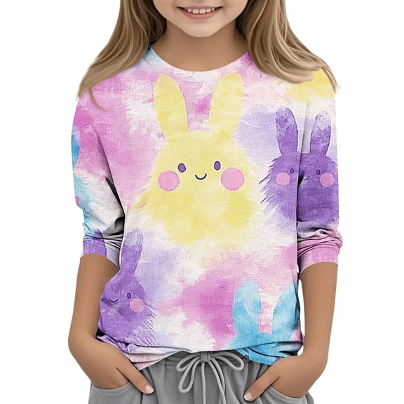 Long Sleeve T-Shirt for Girls Cute Bunny Pattern All Over Print Casual Tops Kids Daily Playwear Comfortable Spring Easter Clothes for Teen