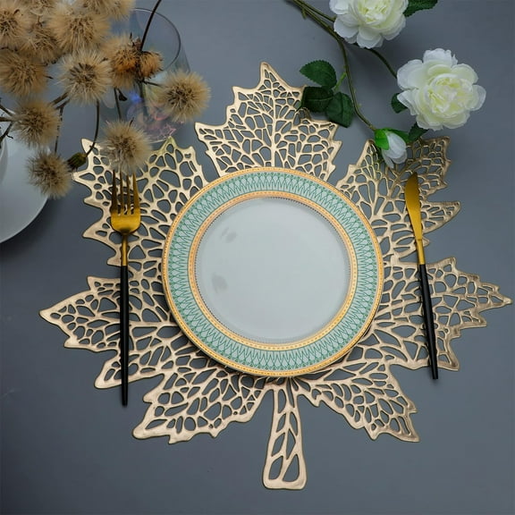 HYLLai Hollow Maple Leaf Shaped Placemat 1 Pack, Heat Resistant Washable Table Mat for Thanksgiving or Wedding Decor, Gold
