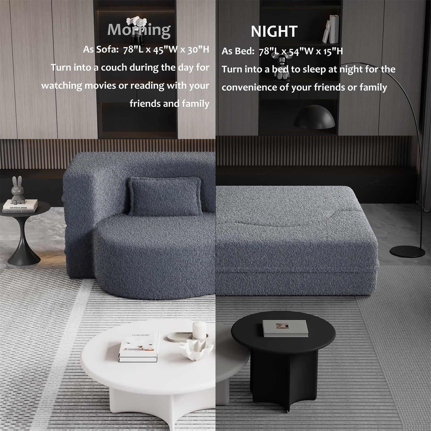 Demi Bonn Modern Convertible Floor Sofa Bed with 2 Pillows, Full Size 15" Folding Mattress, Teddy Fabric Foam-Filled for Living Room, No Assembly Needed, Gray