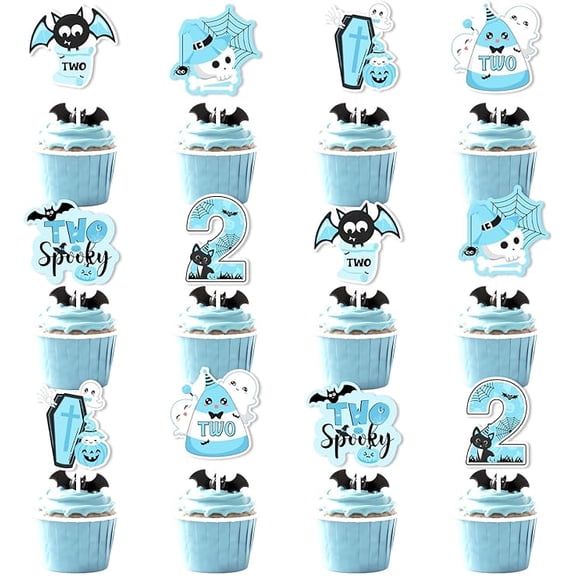 Blue Halloween 2nd Birthday Party Decorations for Boys 24PCS Two Spooky Birthday Cupcake Toppers Boo Im Two Bday Cake Decors Ghost Bat Pumpkin Halloween Bday Decorations
