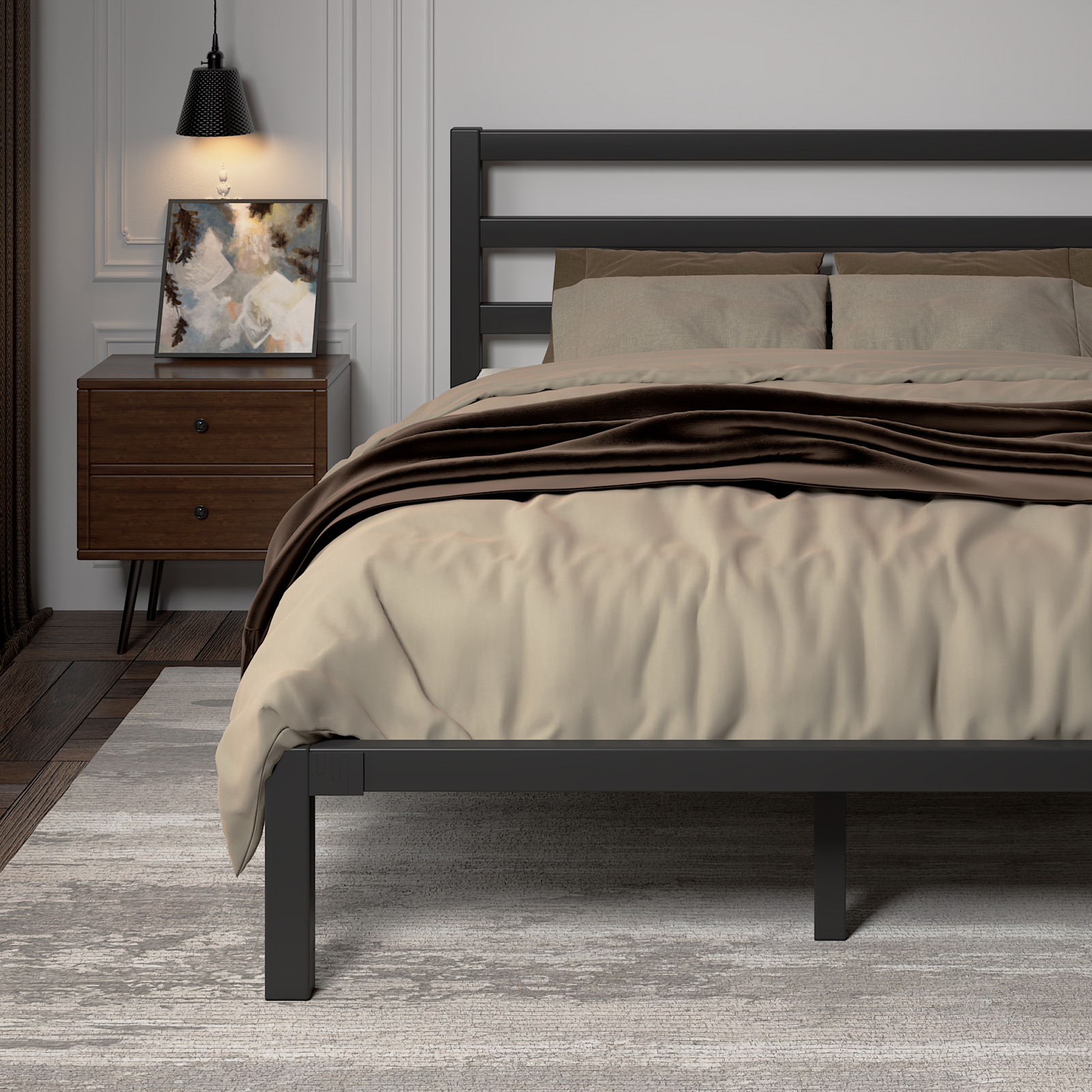 EBERY Full Size Metal Platform Bed with Headboard, Black photo 3