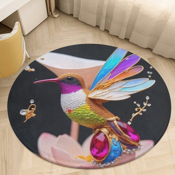 Jeweled Hummingbird on Lotus Round Area Rugs for Bedroom Living Room, 3FT Soft Indoor Circle Carpets, Carpet Home Decor Floor Mat
