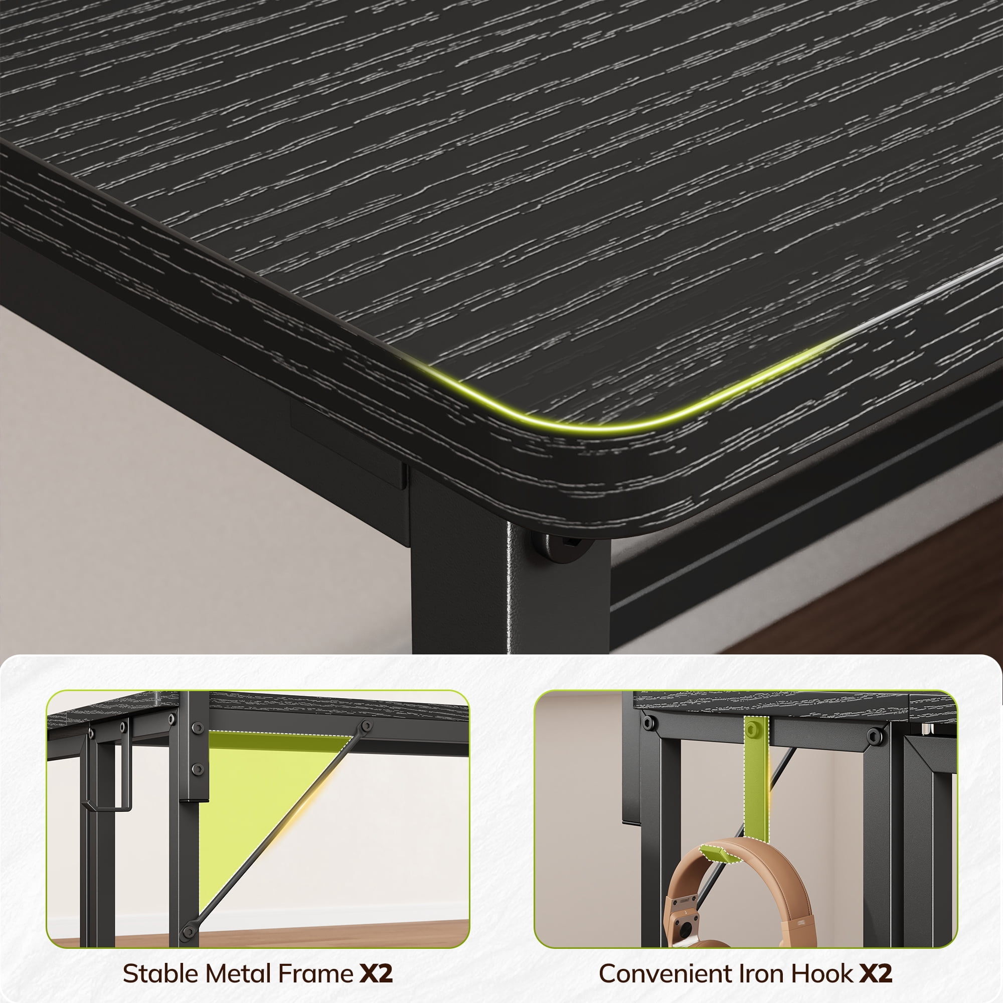 Romorgniz 31.5"D Folding Desk with Monitor Stand, Computer Desk with LED Lights & Hooks, Office Desk for Bedroom, Black
