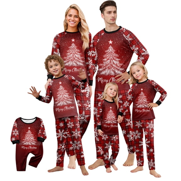 Christmas Pajamas Family Set - 2 piece Red Merry Christmas Tree Print Long Sleeve Top Pants Set , Christmas Pajamas Matching Sets for Family Xmas Eve for XL Pjs