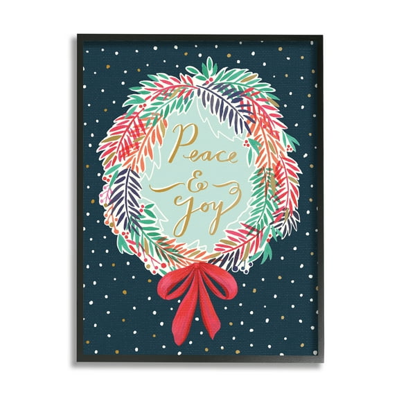 Stupell Industries Peace & Joy Festive Holiday Wreath Polka Dot Pattern Inspirational Painting Black Framed Art Print Wall Art, 11 x 14