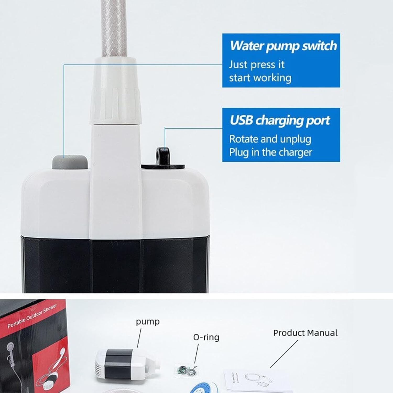 HQinX Portable Camping Shower Pump - Rechargeable Outdoor Shower Head Sprayer, 4800mAh Battery Pumps Water from Bucket. Perfect for Camping, Hiking, Travel, Car Washing & Pet Cleaning
