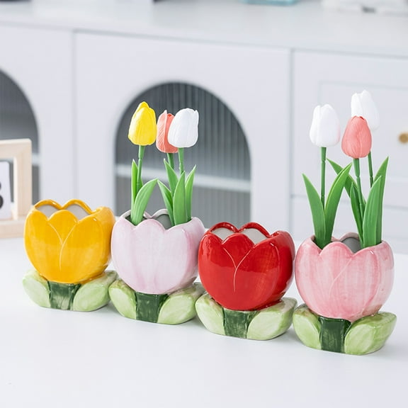 Ceramic Tulip Organizer Pot | Chinoiserie Desk Pen Holder & Mini Flower Vase | Multi-Functional Storage for Makeup Brushes, Office Supplies, Cosmetics | 12.2x11.3x6.9cm | 1 Pc | Porcelain Decor