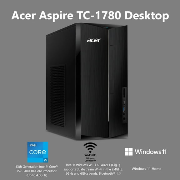 New Acer Aspire TC-1780-UA93 Desktop,13th Gen Intel Core i5-13400 Processor,32GB DDR4 RAM,1TB NVMe SSD,USB,HDMI,Wi-Fi 6,Bluetooth 5.3 ,Windows 11 Home,Black