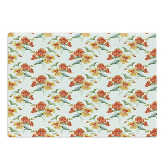 Green and Orange Cutting Board, Watercolor Nasturtium Flowers Pattern with Colorful Blooming Nature Design, Decorative Tempered Glass Cutting and Serving Board, Large Size, Multicolor, by Ambesonne